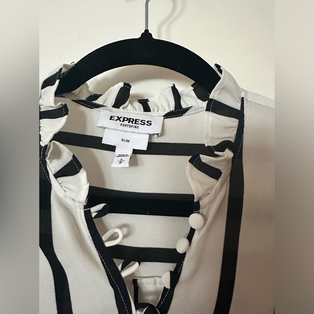 Express Slim Striped Button Down Ruffle Collar - image 6